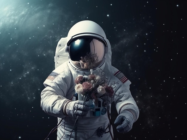 Astronauta en el espacio exterior con un ramo de flores generado por IA