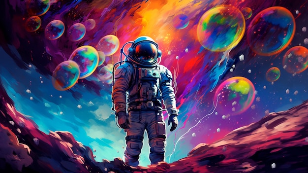 Astronauta en el espacio ilustrador de IA generativa de medios mixtos