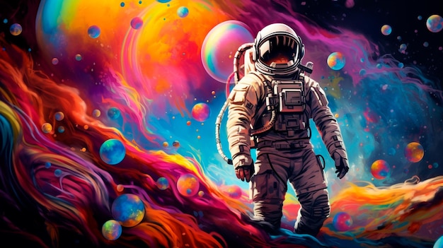 Astronauta en el espacio ilustrador de IA generativa de medios mixtos