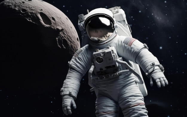 Un astronauta en el espacio con la luna al fondo