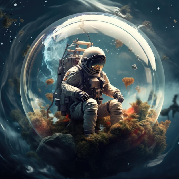 Astronauta en el espacio en un mundo de burbujas