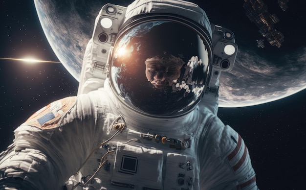 Un astronauta en el espacio con el planeta al fondo