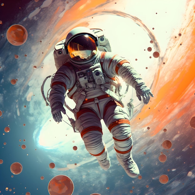 Un astronauta en el espacio con un planeta rojo al fondo.