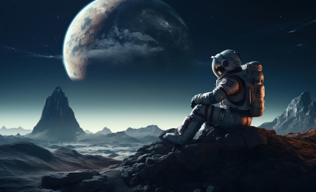 astronauta en el espacio en una roca