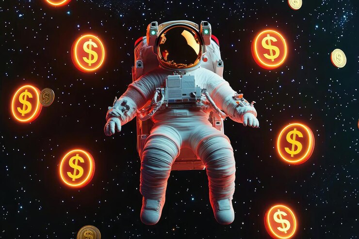 Astronauta en el espacio rodeado de símbolos financieros de neón Concepto de finanzas astronómicas
