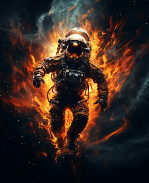 Un astronauta en el espacio sobre un fondo abstracto de fuego ardiente