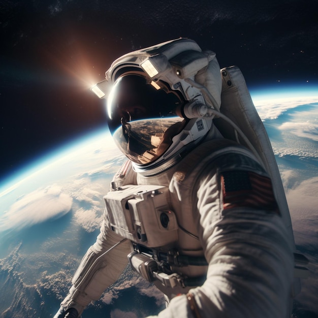 Un astronauta en el espacio con el sol brillando en la pantalla.