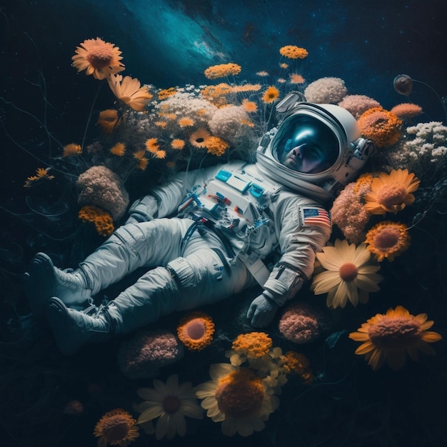 Un astronauta está acostado en un lecho de flores y tiene la palabra espacio escrita.