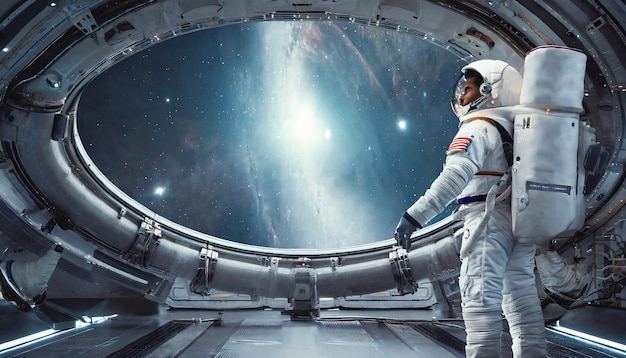 El astronauta está mirando el enorme iluminador del interior de una nave espacial desconocida en un vacío
