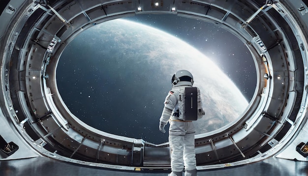El astronauta está mirando el enorme iluminador del interior de una nave espacial desconocida en un vacío