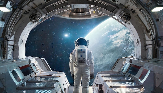 El astronauta está mirando el enorme iluminador del interior de una nave espacial desconocida en un vacío