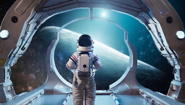 El astronauta está mirando el enorme iluminador del interior de una nave espacial desconocida en un vacío