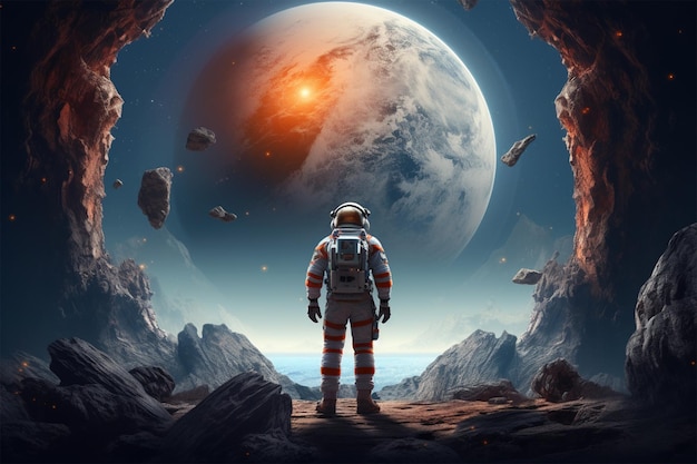 Un astronauta está de pie en una cueva con una vista del espacio