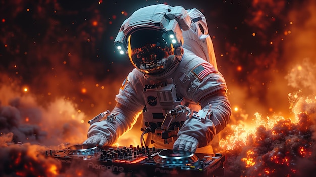 un astronauta está de pie detrás de una consola de DJ AI generativa