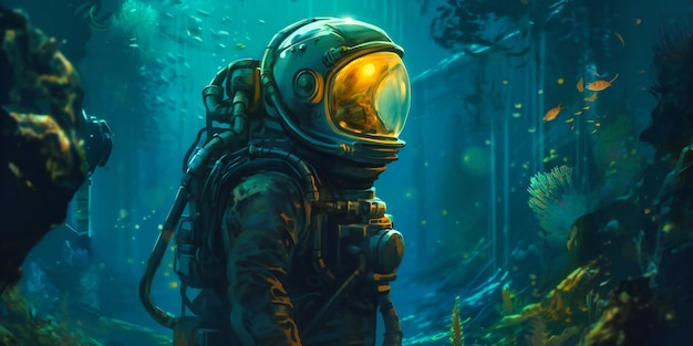 Un astronauta está de pie en un entorno submarino.