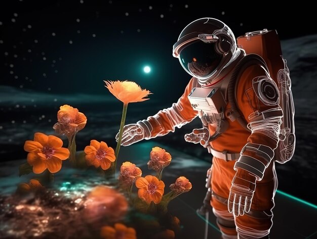 astronauta examinando la vida vegetal en las plantas del planeta marte en el mapa de holograma generado por ai