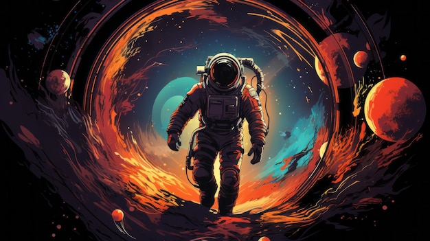 El astronauta explora la ilustración del espacio oscuro exterior