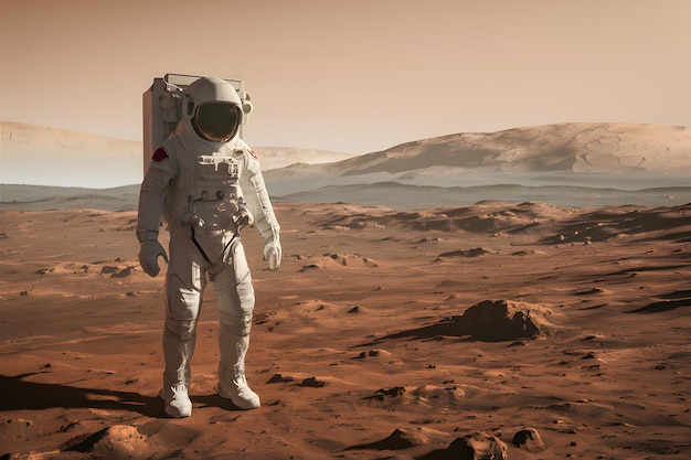 El astronauta explora Marte revelando planetas rojos estériles terreno rocoso