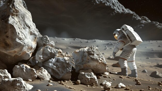 Astronauta explorando a superfície rochosa da Lua