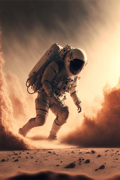 Astronauta explorando o planeta Marte com poeira criada usando tecnologia de IA generativa