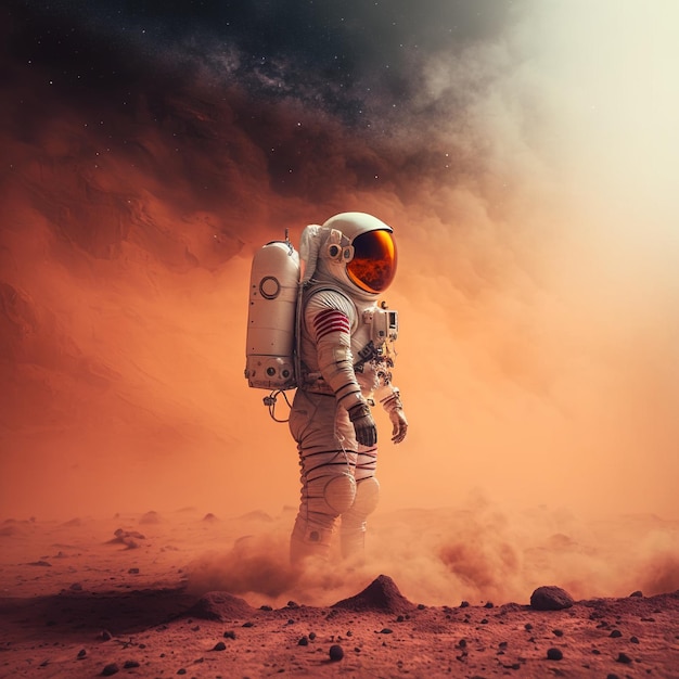Astronauta explorando el planeta Marte con polvo creado con tecnología generativa de IA