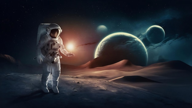 Astronauta explorando um novo planeta à procura de um novo lar para a humanidade.