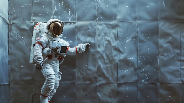 Foto astronauta faz movimentos robóticos criativos e dança ao lado de uma parede de metal um astronauta bem-sucedido vestindo um terno futurista com um painel tecnológico na mão está de pé ao lado de um muro de metal