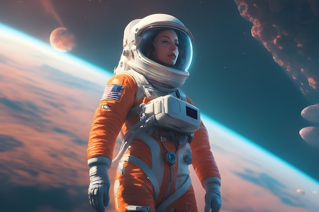 Astronauta femenina de tiro completo con traje espacial