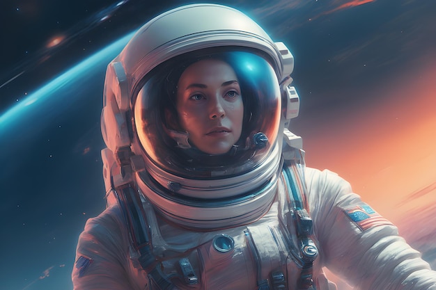 Astronauta feminina de tiro completo vestindo traje espacial