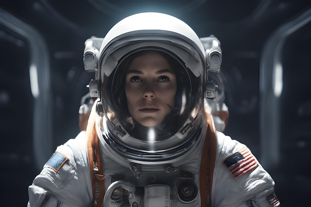 Astronauta feminina de tiro completo vestindo traje espacial
