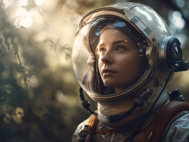 Astronauta feminina modelo suave iluminação natural floresta generativa ai