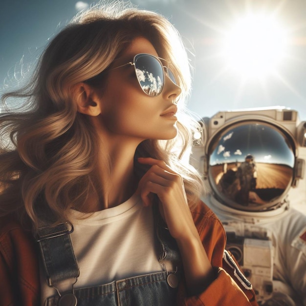 Astronauta feminina olhando para longe através do capacete espacial durante um dia ensolarado