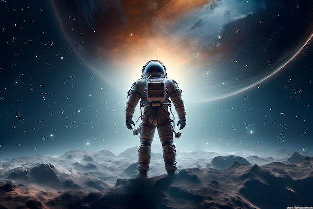Astronauta fica na superfície da lua olhando para a beleza do espaço profundo Espaço e universo