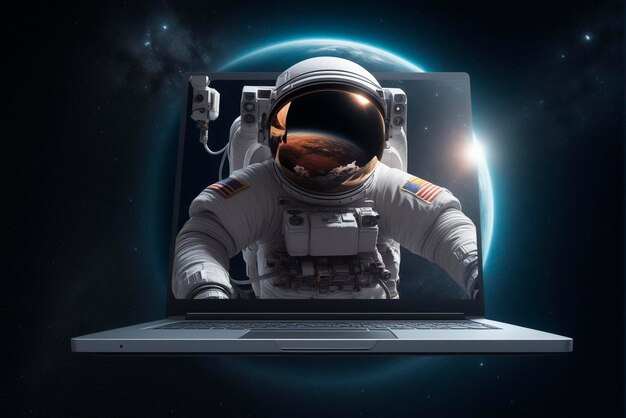 Foto astronauta flotando en el espacio con una computadora portátil de ia generativa.