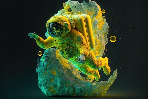 Astronauta flotando en el espacio profundo con líquido amarillo de tinta