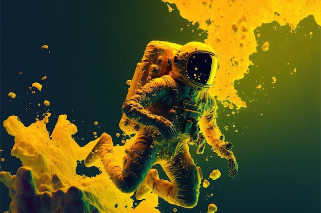 Astronauta flotando en el espacio profundo con líquido amarillo de tinta