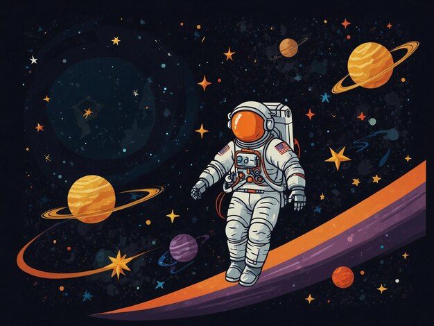 astronauta flotando en el espacio rodeado de estrellas y planetas