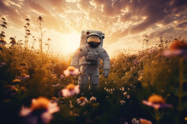 Astronauta flotando entre flores con la puesta de sol de fondo creada con IA generativa