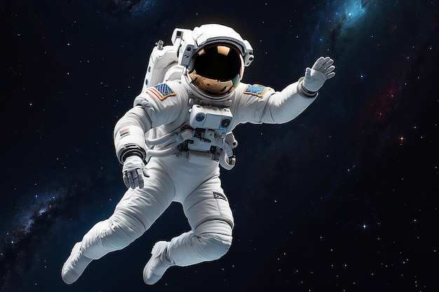 Foto astronauta flotando en gravedad cero en el espacio exterior