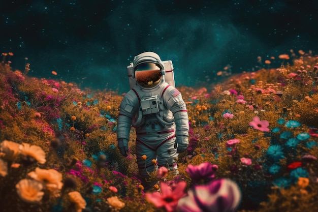 Astronauta flotando ingrávidamente entre campos de flores de colores con el planeta al fondo