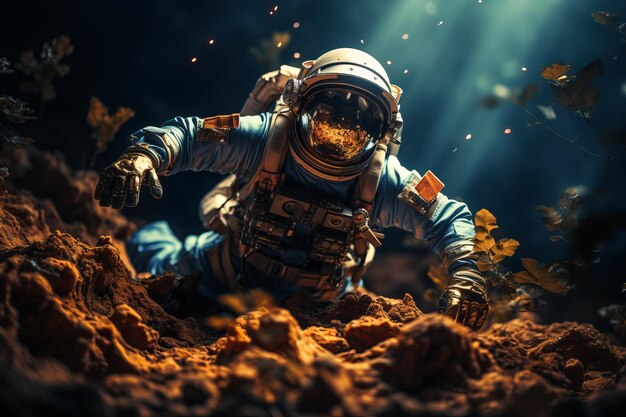 Astronauta flotando en medio de una hipnotizante galaxia llena de estrellas relucientes y un planeta remoto