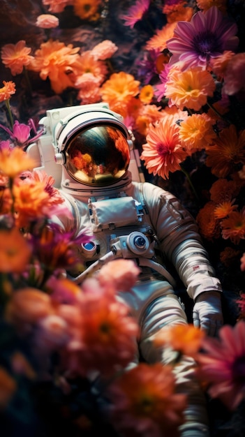 Un astronauta flotando en medio de un vibrante campo de flores