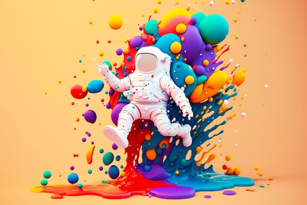 Astronauta flutuando no ar cercado por bolhas coloridas e líquido em fundo amarelo Generative AI