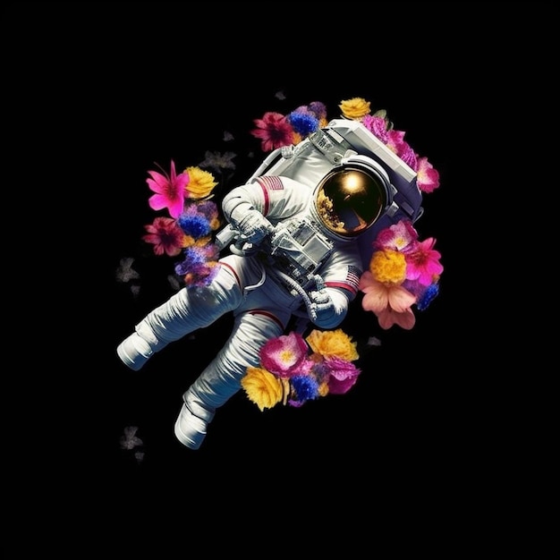 Astronauta flutuando no ar com flores ao seu redor.