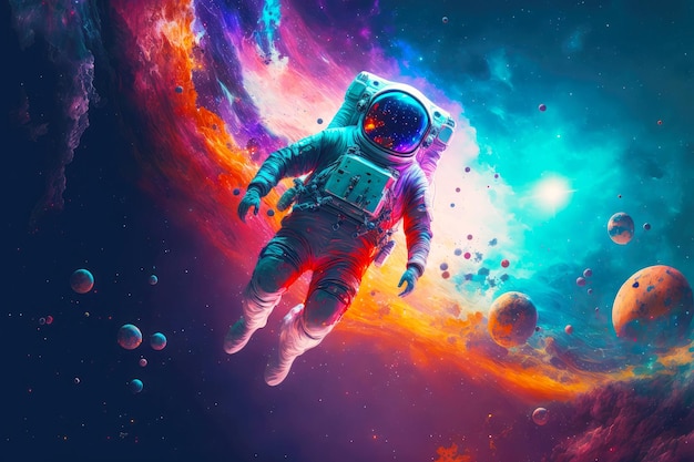 Astronauta flutuante do universo da fantasia contra o pano de fundo de galáxias coloridas