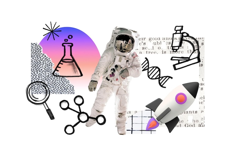 Foto astronauta flutuante em png remix de desenho científico de fundo transparente