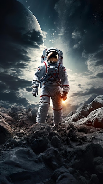 astronauta frente a un planeta de pie en una superficie generativa Ai