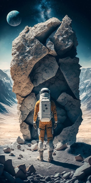 Un astronauta se para frente a una roca que dice "espacio" en ella