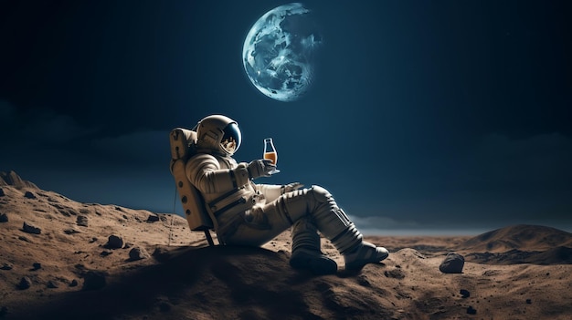 Astronauta futurista bebiendo cerveza en la luna