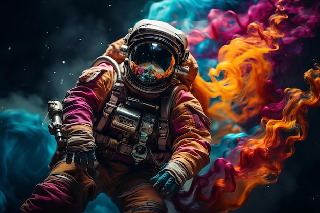 Astronauta futurista en traje espacial de alta tecnología en una superficie colorida con un fondo espacial cautivador